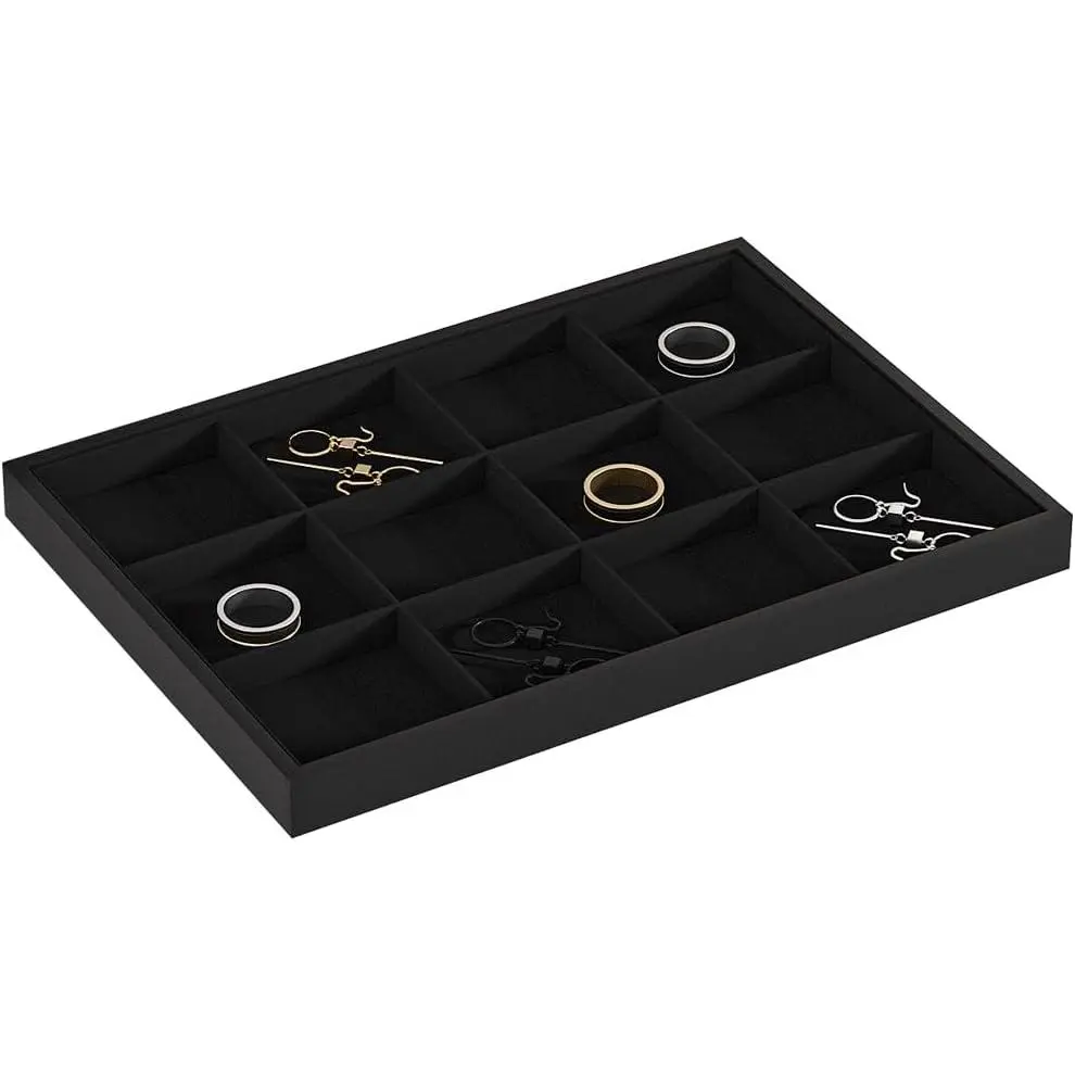 Drawer  Organizers And Storage, Bracelet And Ring Display Small Tray,Dresser  Drawer Organizer Inserts Containers,Earring And Necklace Holder Box (Black 12 Grids)