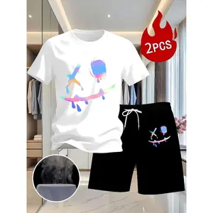 2pcs White T-Shirt with Colorful Abstract Graphic And Black Drawstring Shorts Set, Casual T-Shirt And Shorts with Drawstring, Comfortable Outfit