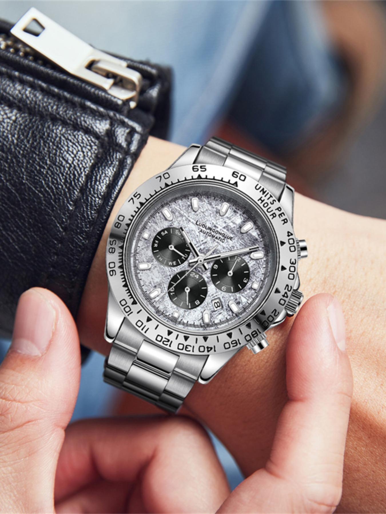 Multi-Function Chronograph Mechanical Watch for Men, Skeleton Stainless Steel Automatic Self-Winding Timepiece with Month, Date, Day, and 24-Hour Display – Luxury Gift for Business & Fashion