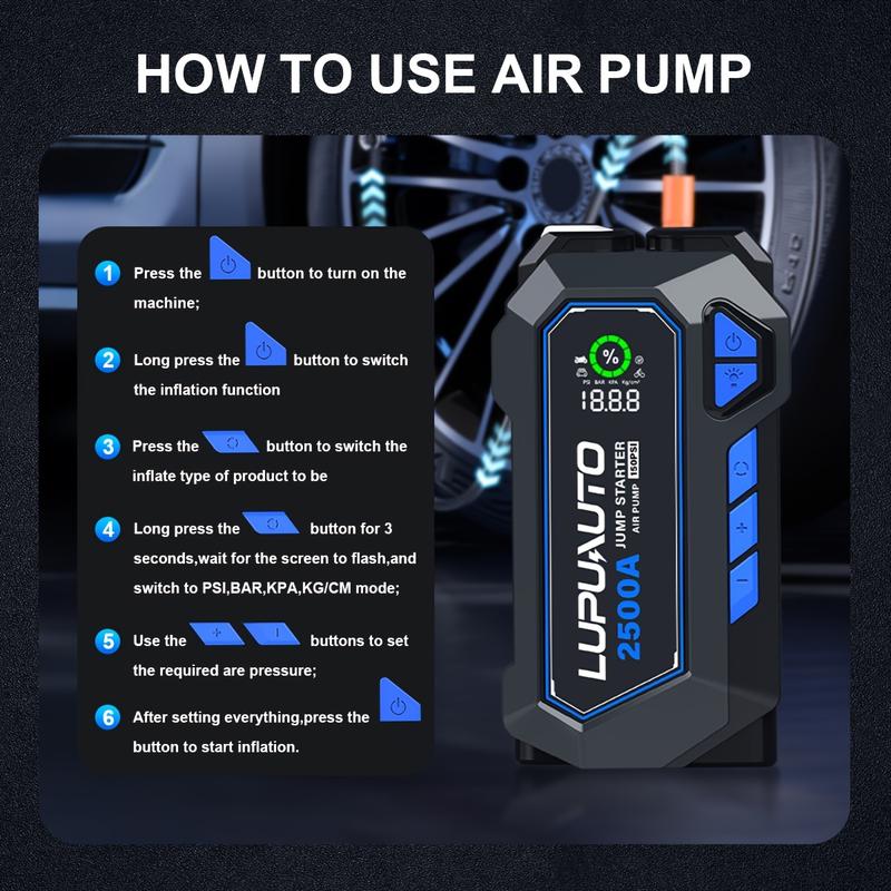 LUPUAUTO 2500A Portable Wireless Air Compressor Jump Starter with Digital Tire Inflator 150PSI Battery Pack USB Input Output LED Emergency Accessories Tools