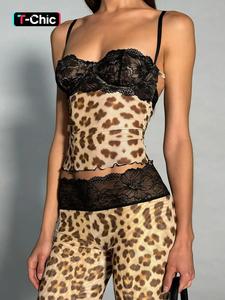 women's leopard print patchwork lace mesh sexy two-piece set, fashion comfy spaghetti strap cami top & flare leg pants set for daily outdoor wear, women clothing for summer, womenswear, matching sets