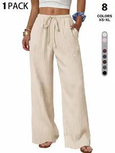 Women's Fashion Linen-Like Polyester Pants, Wide Leg Summer Beach Palazzo, Sleeveless Loose-Fit Casual Loungewear, All Seasons