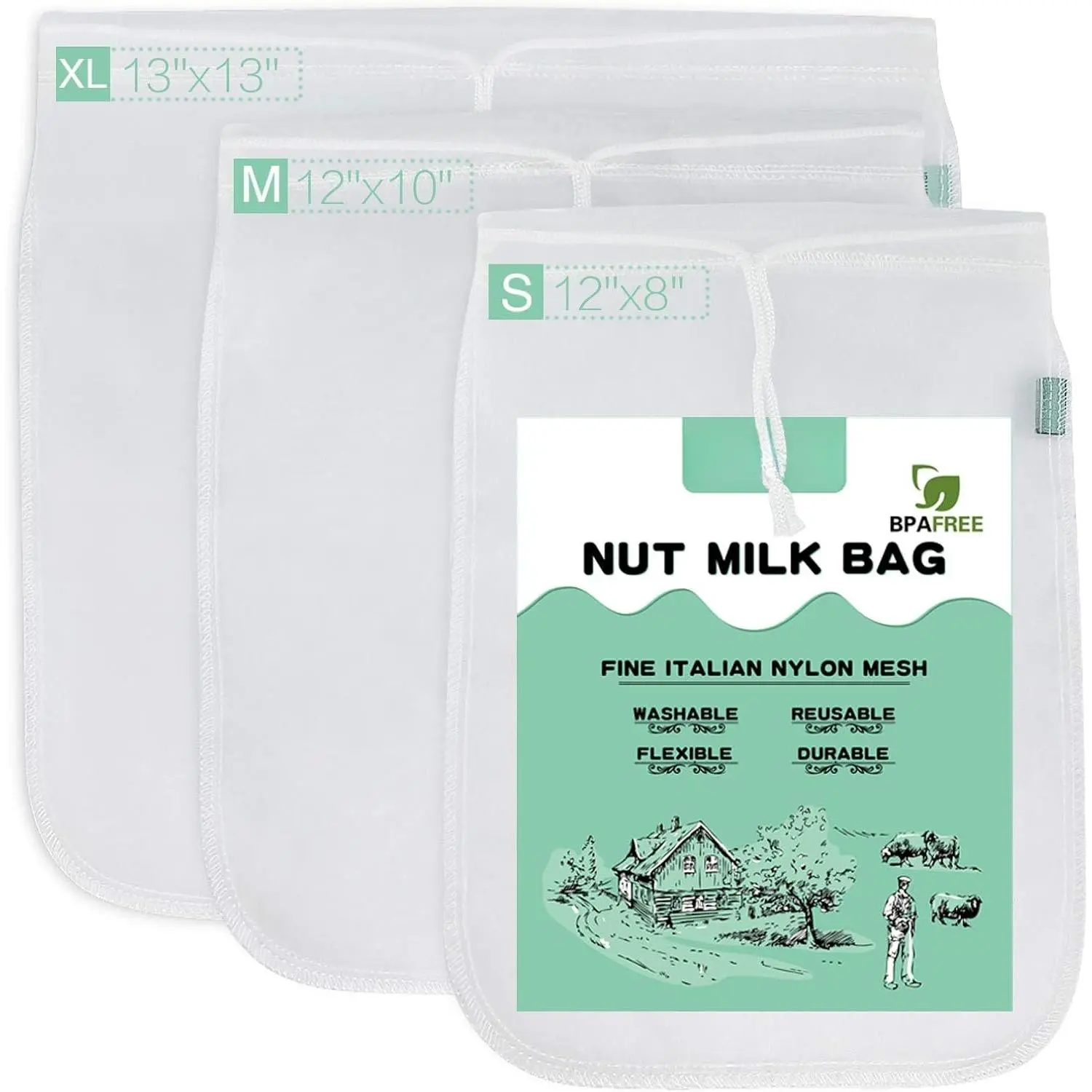Nut Milk Bag  3 Pack Multi-size  Strainer Nut Bags | for Straining Almond/Soy Milk Greek Yogurt Cold Brew Coffee   Celery Juice Fine Nylon Mesh(8"x12"/10"x12"/13"x13")