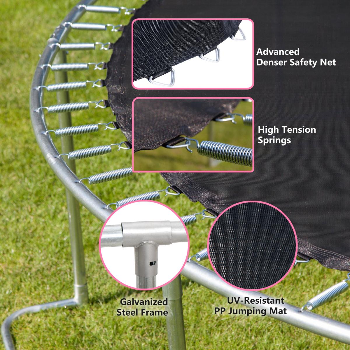 [Fahuac]8FT Trampoline with Pink & Black Outer Net – Heavy Duty Galvanized Steel Frame, 4 L-Shaped Legs for Stability, Weather-Proof Mat, ASTM & CPC Certified for Backyard Fun