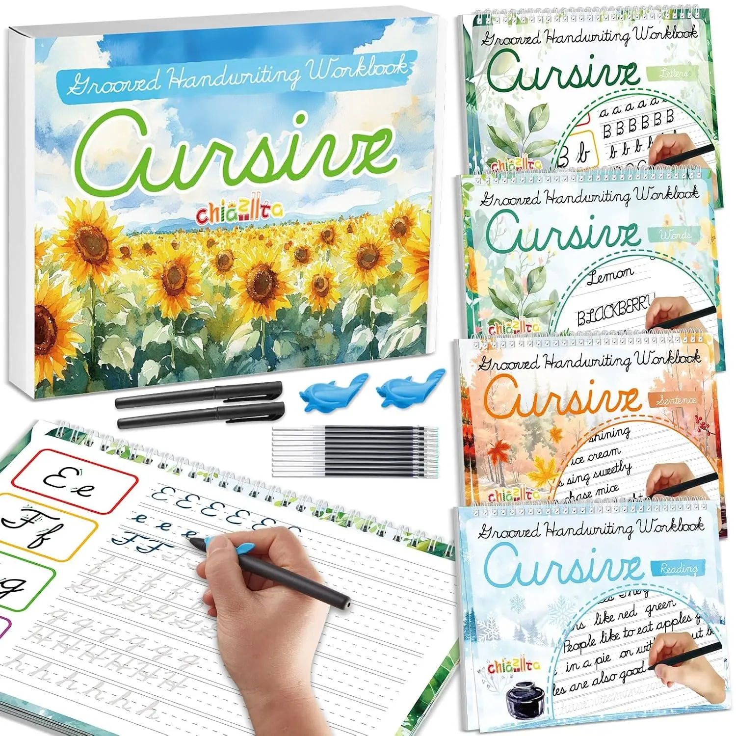 4 Pack Grooved Cursive Handwriting Practice Kit with Disappearing Ink Pens Magic Reusable Grooved Cursive Writing Workbooks Copybook for Beginners Kids (Words&Sentence&Reading&Letters)