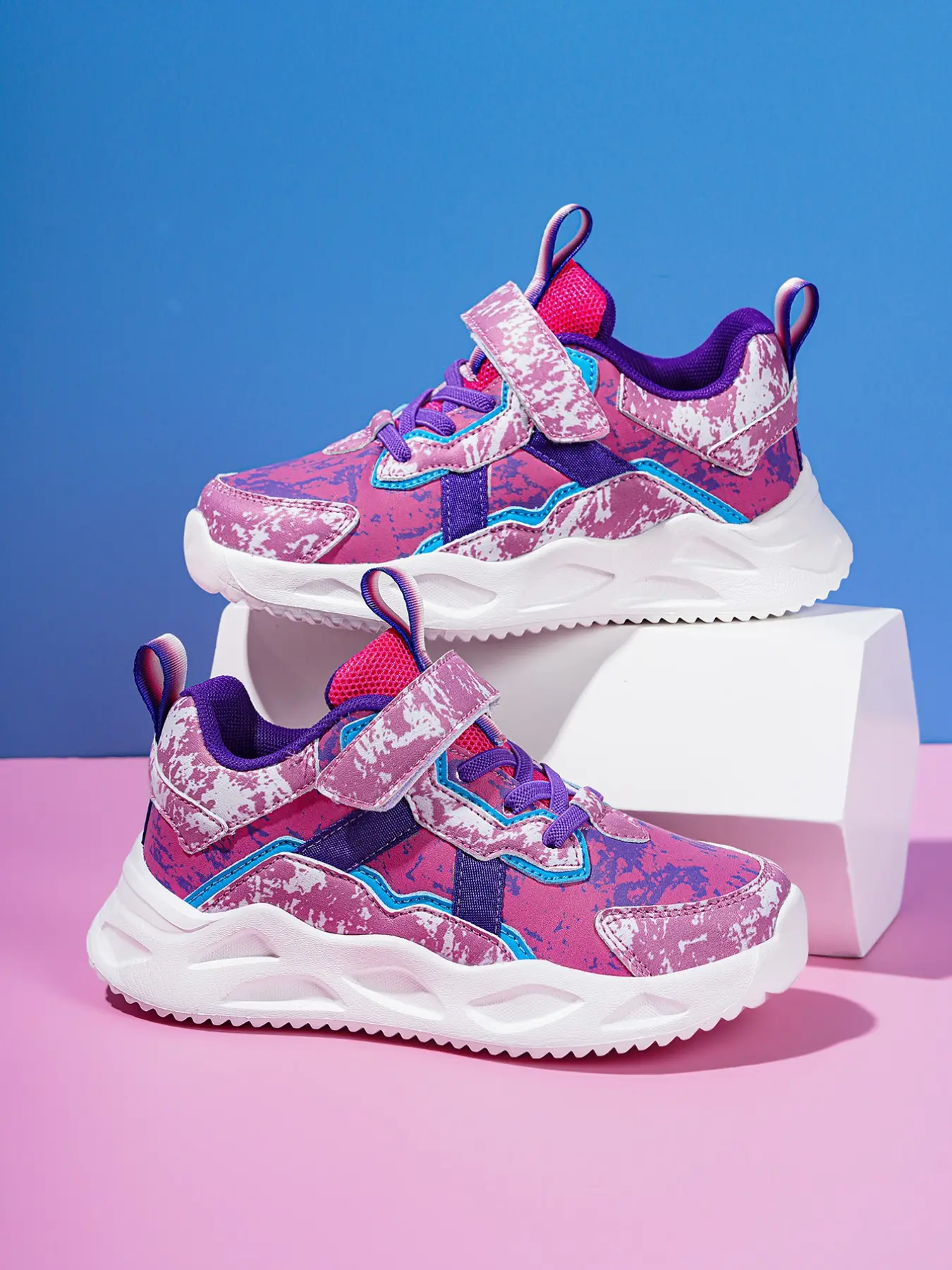 Girls' Tie Dye Sneakers, Adjustable Velcro, Lightweight Cushioned, Breathable Mesh, Anti-Slip, Nonslip Trainers, Sporty Style, All-Season Wear