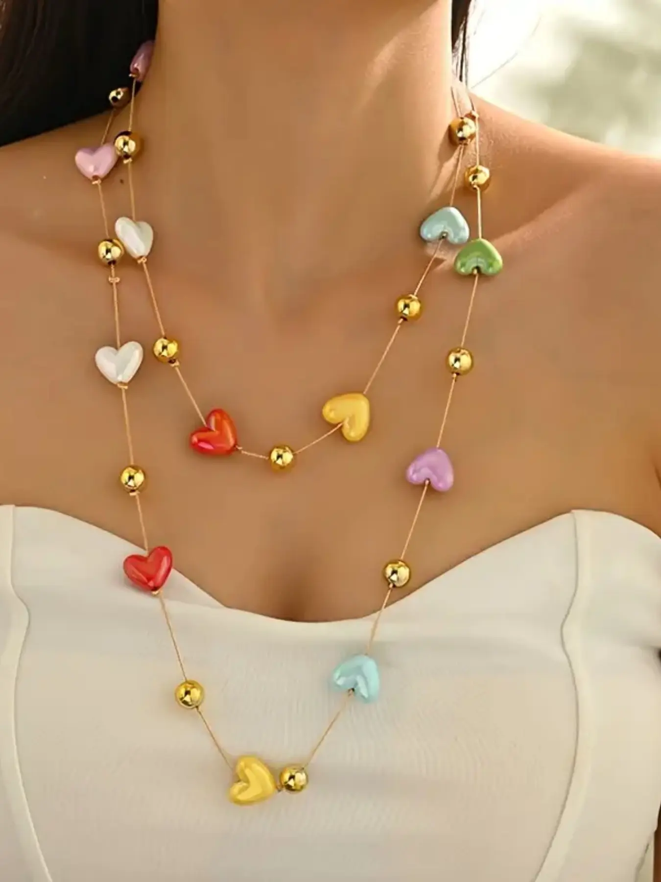 Women's Bohemian Long Multi-Layer Heart Necklace, Colorful Candy Heart Design, Elegant Jewelry for Daily Wear & Parties, Layered Layer Necklace