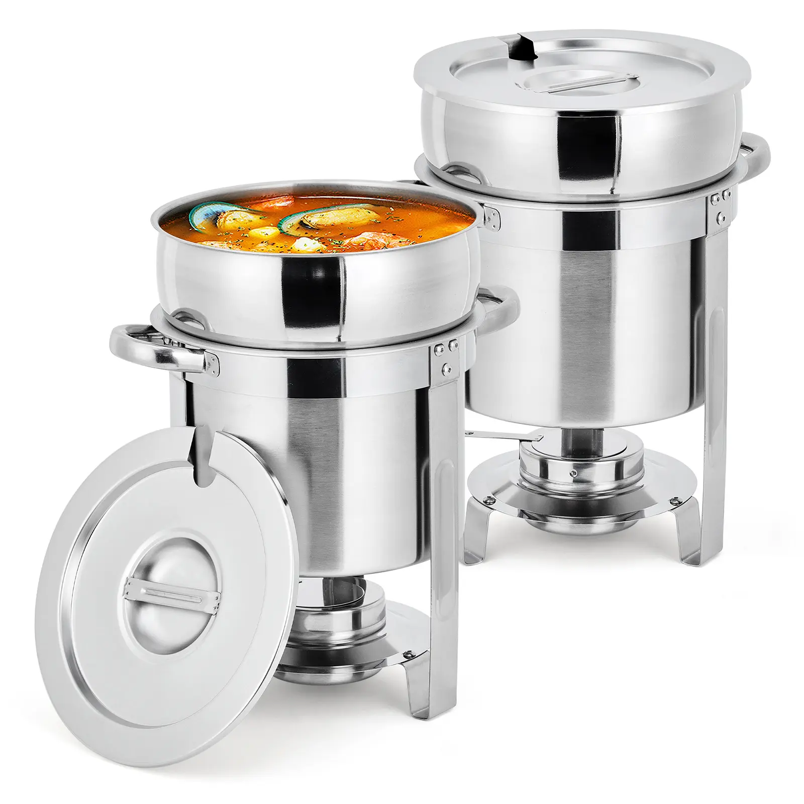 Commercial 11QT Round Stainless Steel Soup Chafer Food Warmer, Catering Chafing Dish with Notched Lid & Fuel Holder, Durable Buffet Equipment for Restaurant Banquet Party
