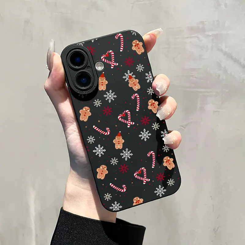 Gingerbread Man Candy Cane Snowflake Ditsy Print Christmas Phone Case For iPhone 17 16 15 14 13 12 11 Pro Max Plus 16E 17E Soft Silicone TPU Black Cute Winter Holiday Aesthetic Cover