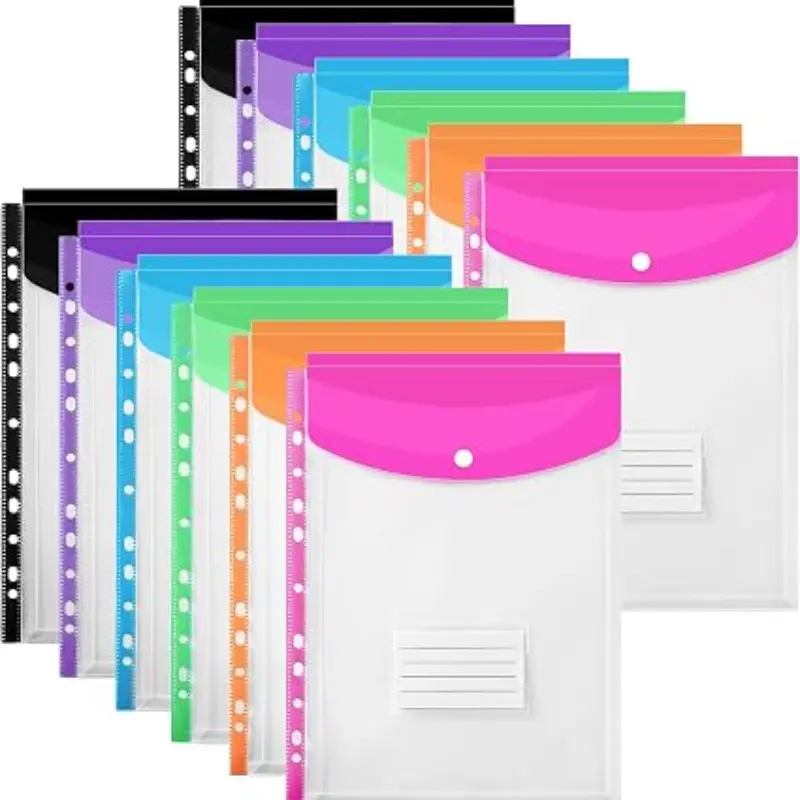 A4 Punch Hole Plastic File Bags (12 Pack), Clip Closure Plastic Document Storage Bags, Durable Office Supplies for Organizing Papers, Documents Organizer
