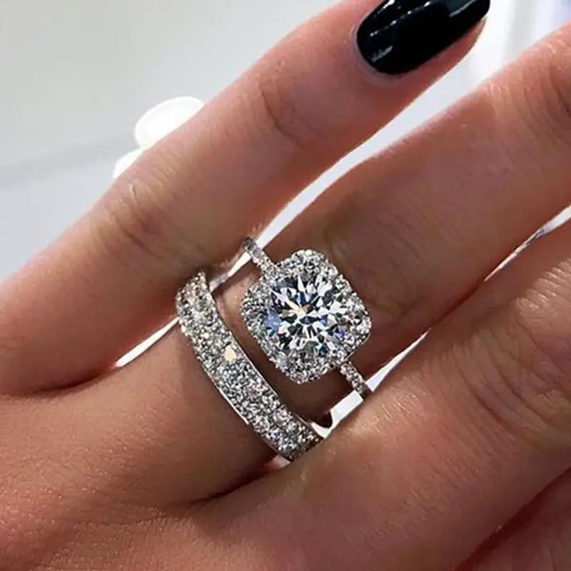 14K Gold Plated Rings, 2Pcs Elegant Women Oval Cut Shiny Cubic Zirconia Ring Luxurious Stunning Wedding Bands Exquisite CZ Promise Ring Anniversary Jewelry Holiday Gift