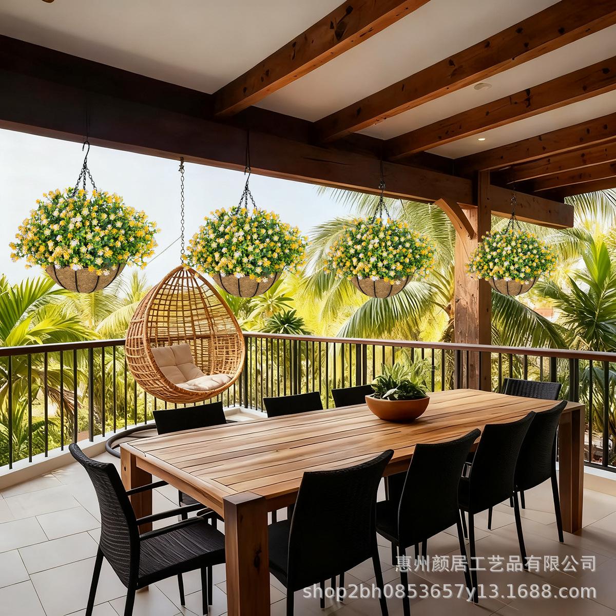 Artificial eucalyptus, camellia, and coconut palm flower baskets, hanging baskets, artificial flowers for home, garden, outdoor, and festive decorations