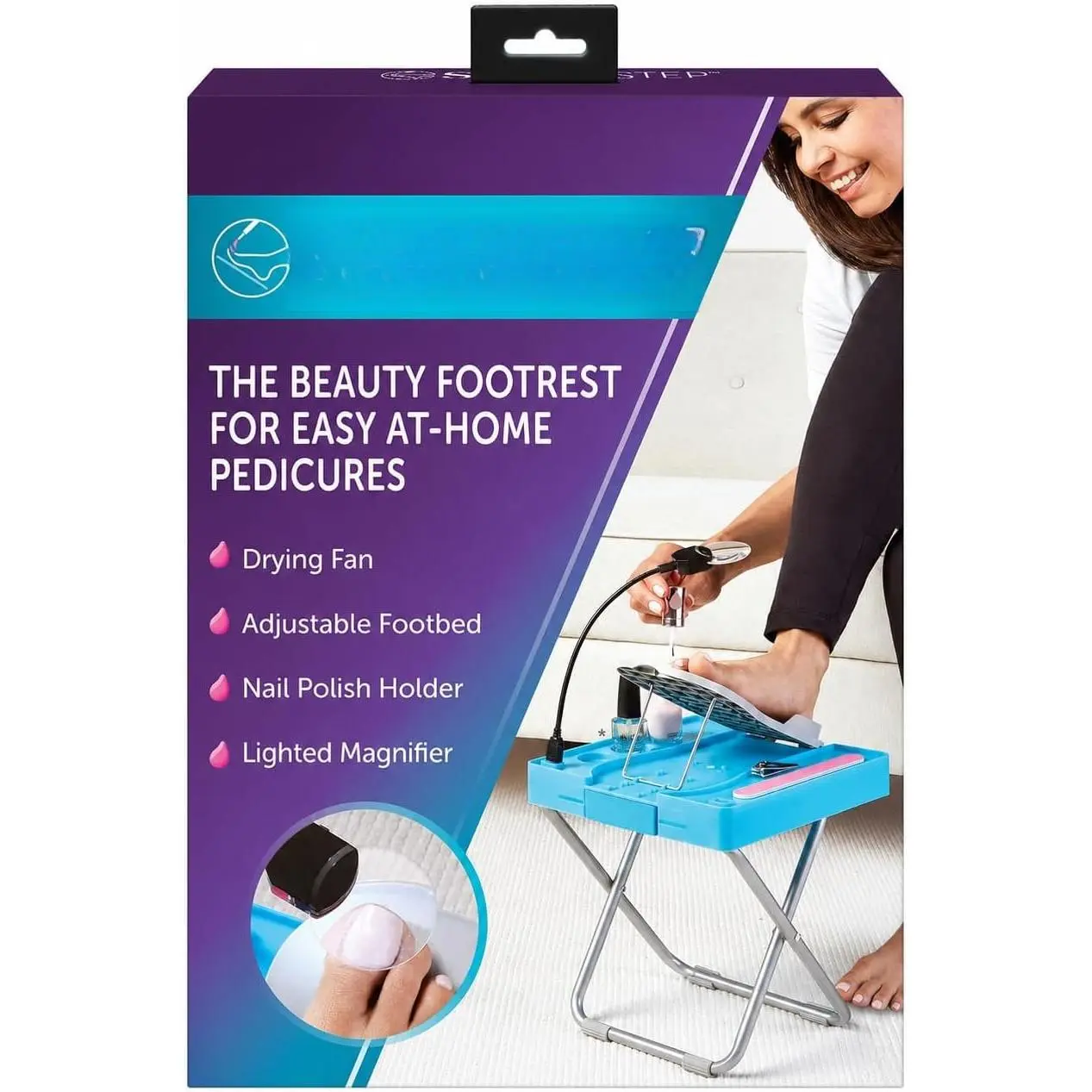 Pedicure Footrest with LED Magnifier, Drying Fan and Storage | Adjustable nonslip footrest reduces bending and stretching for easier at- pedicures; sturdy  and -in storage