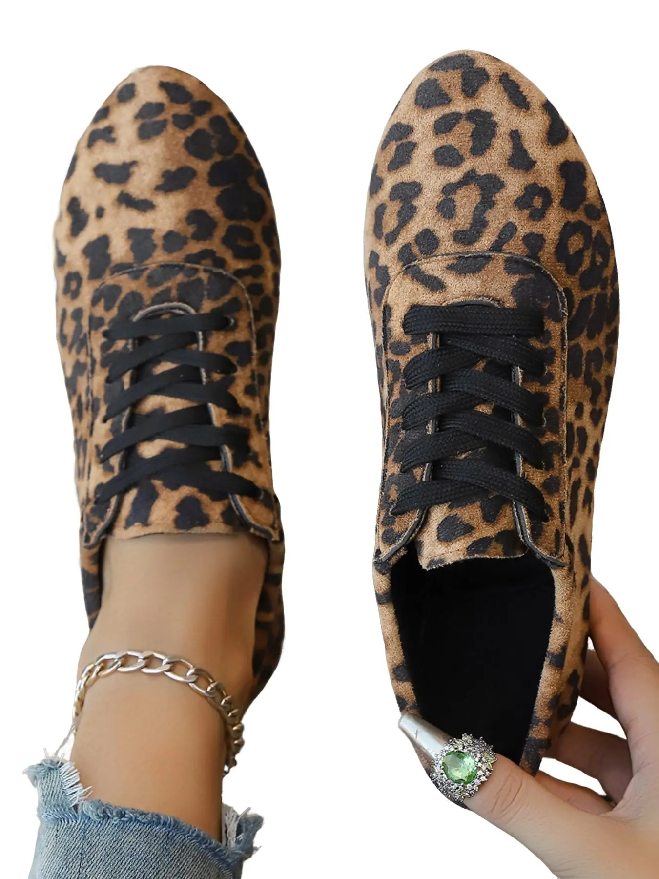 Leopard Print Velvet Tie-Back Flat Shoes, Low Top Shoe, Soft Sole Lightweight Comfortable, Daily Street Retro Style Casual Women's Shoes