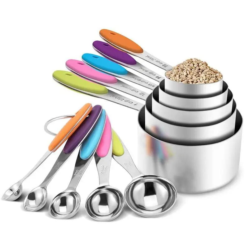 10 Piece Stainless Steel Measuring Cup and Spoon Set, Thick Silicone Handle, 5 Cups + 5 Spoons, Stackable Kitchen Baking Tools