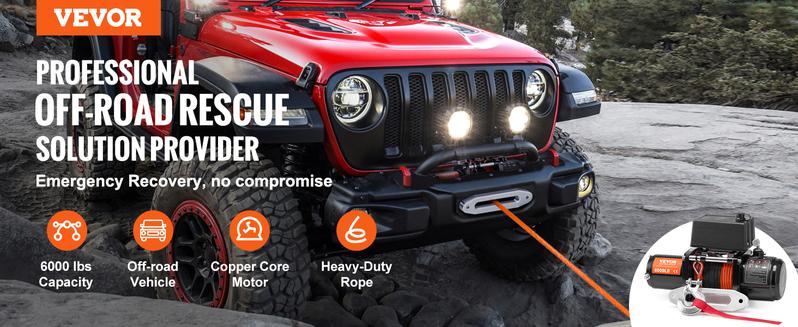 VEVOR Electric Winch, 6000 lb Truck Trailer Winch, 12V DC 1/4 in x 55 ft Synthetic Rope Aluminum Fairlead Wireless & Wired Remote Control, IP55 Waterproof Towing for Off Road SUV ATV UTV Jeep Boat