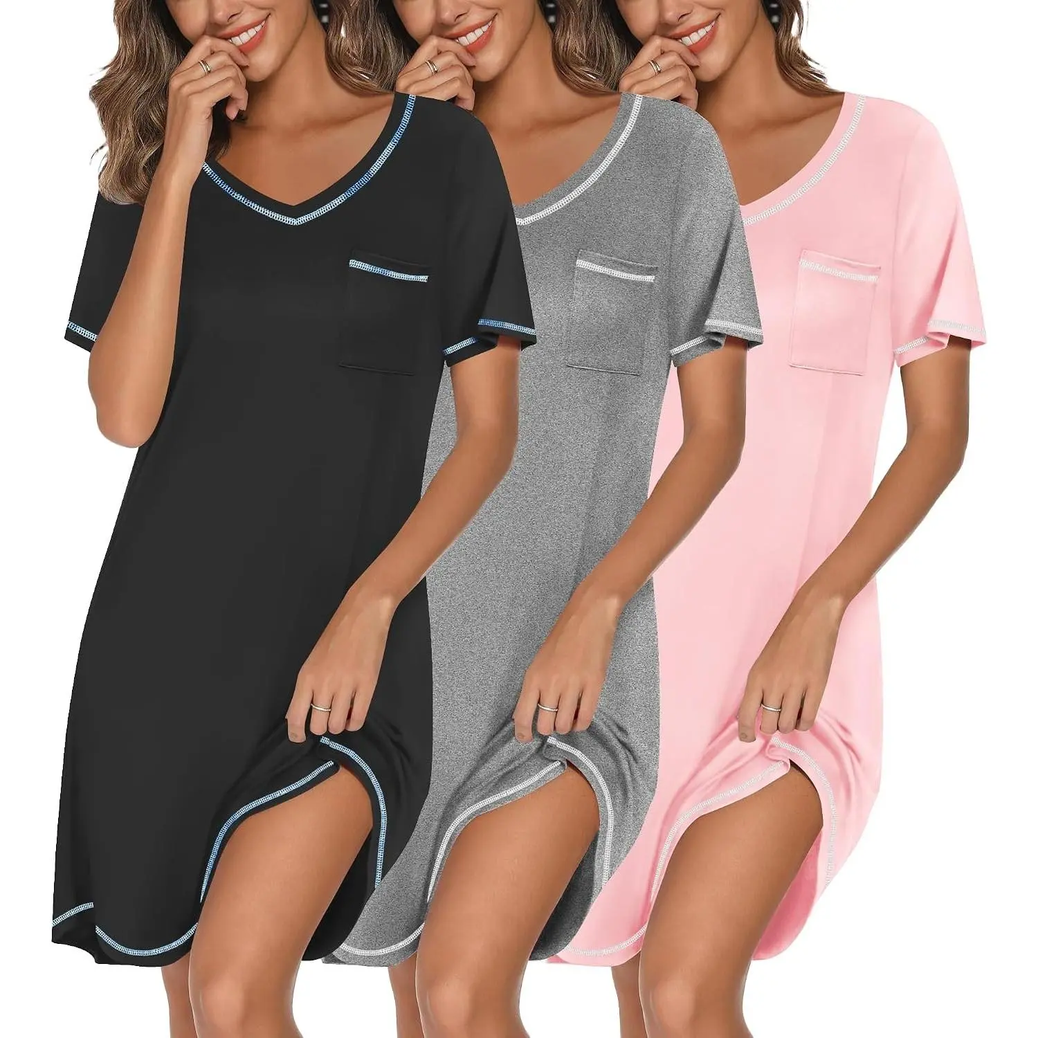Women's 3 Pack Short Sleeve Nightgowns Soft Sleepwear Sleep Shirts(Gift)