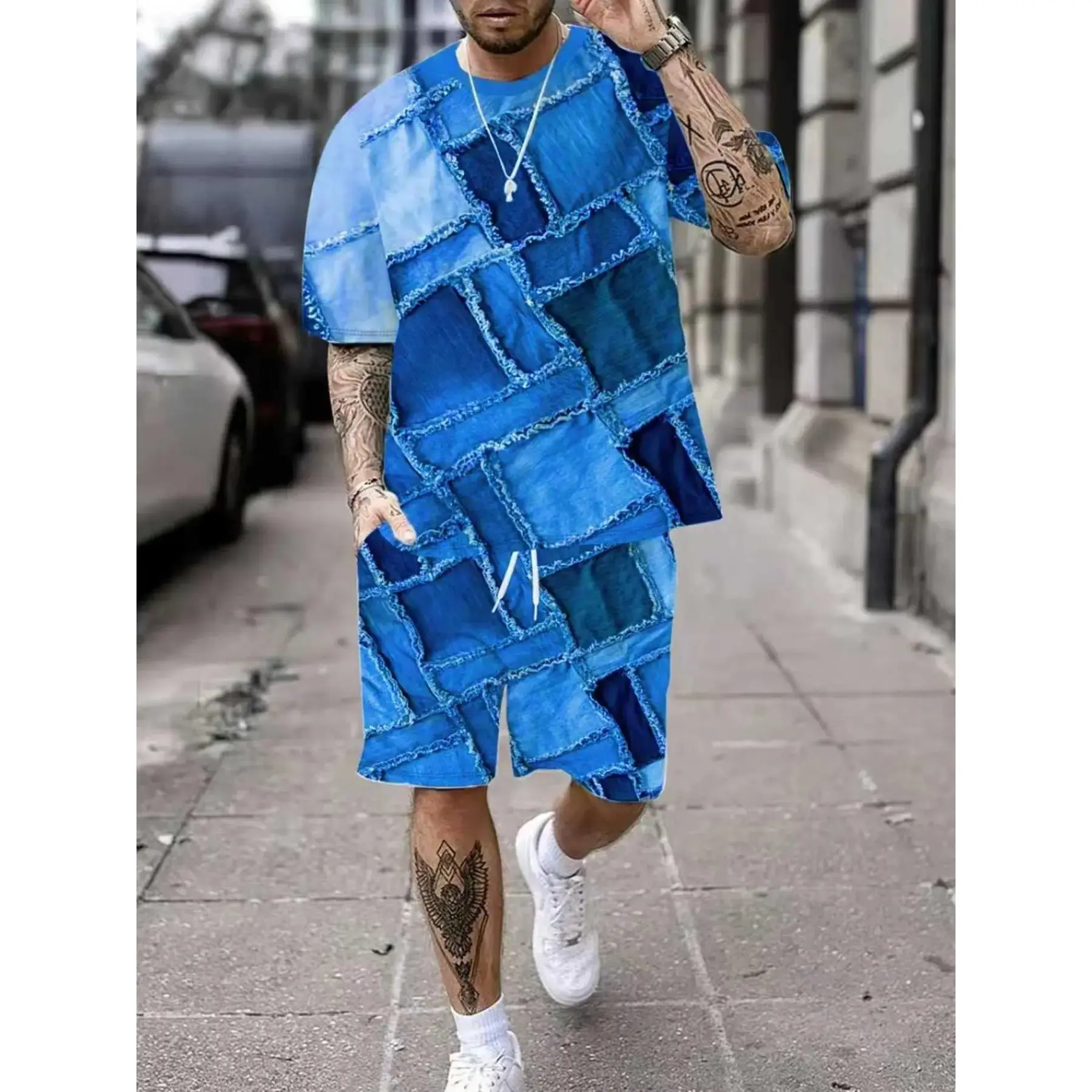 Men's Fashion Denim Patchwork Print Short Sleeve T-Shirt Set, Outfit, Summer Casual Sport Loose Shorts Two-Piece Set, Menswear, Geometric Design