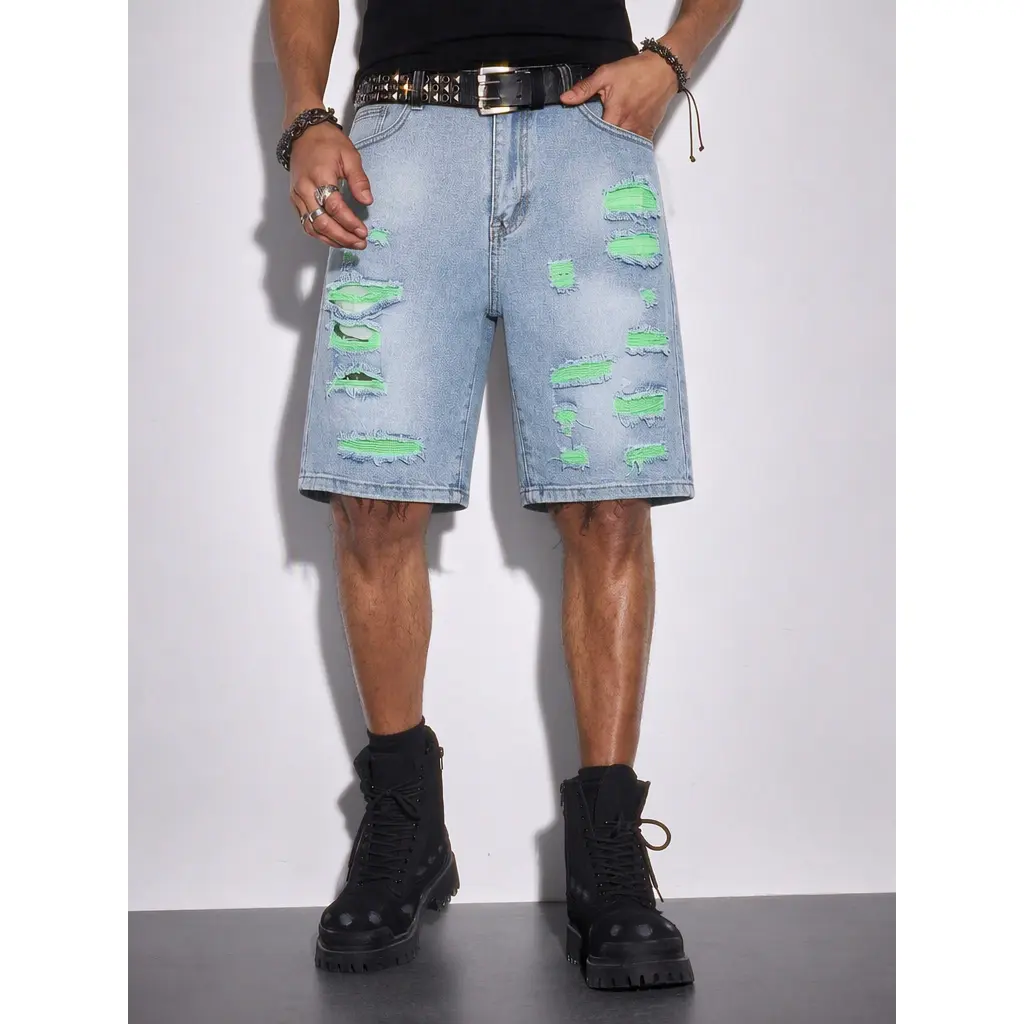 Y2K Neon Accent Ripped Denim Shorts, Light Blue Wash Fringe Cutoff Jean Shorts, Bright Green Underlayer Distressed Design, Relax Straight Fit Street Jorts Perfect For Street Shots, Summer Club & Skate Style
