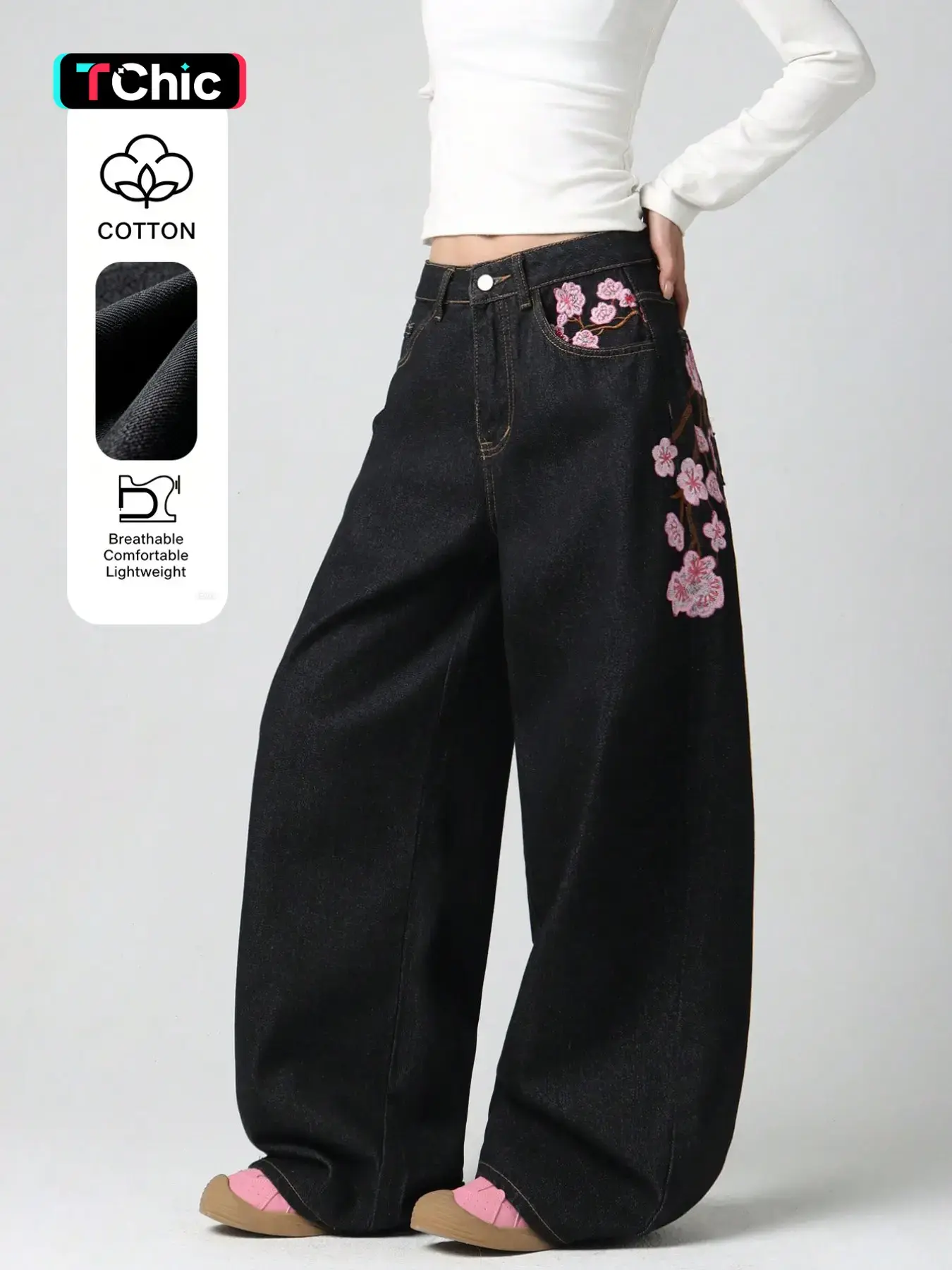 New Traditional Cherry Blossom Embroidery Wide Leg Jeans for Women, High Waist Flowy Slimming Versatile Denim Long Pants
