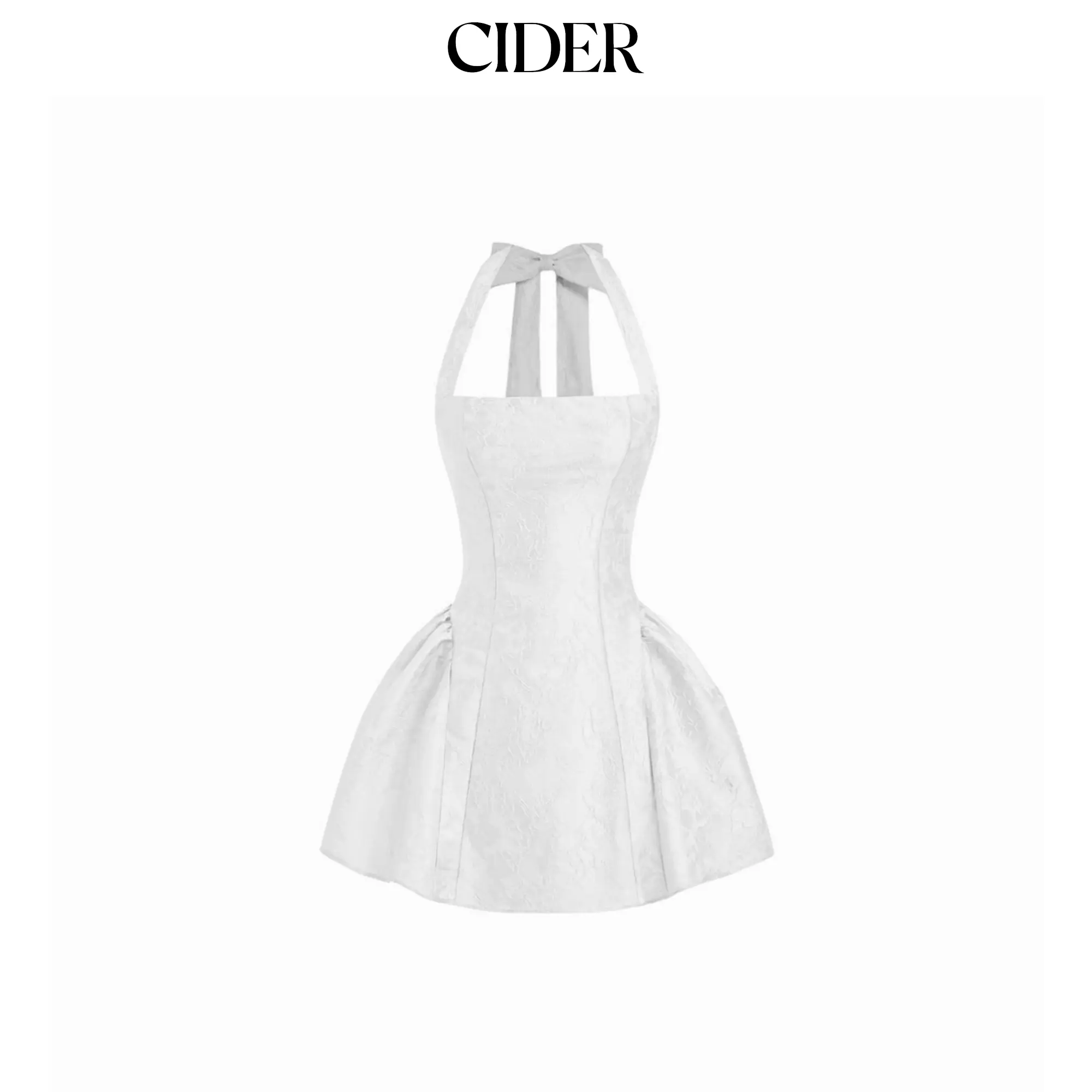 Cider Jacquard Sculptural Halter Neckline Floral Bowknot Ruched Flared Mini Dress