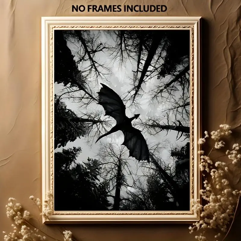 Unframed Dark Fantasy Dragon Wall Art Canvas Print | Gothic Monochrome Forest Decor for Home & Gaming Room corridor bedroom office white interior kitchen decoration poster printable large newspaper sport