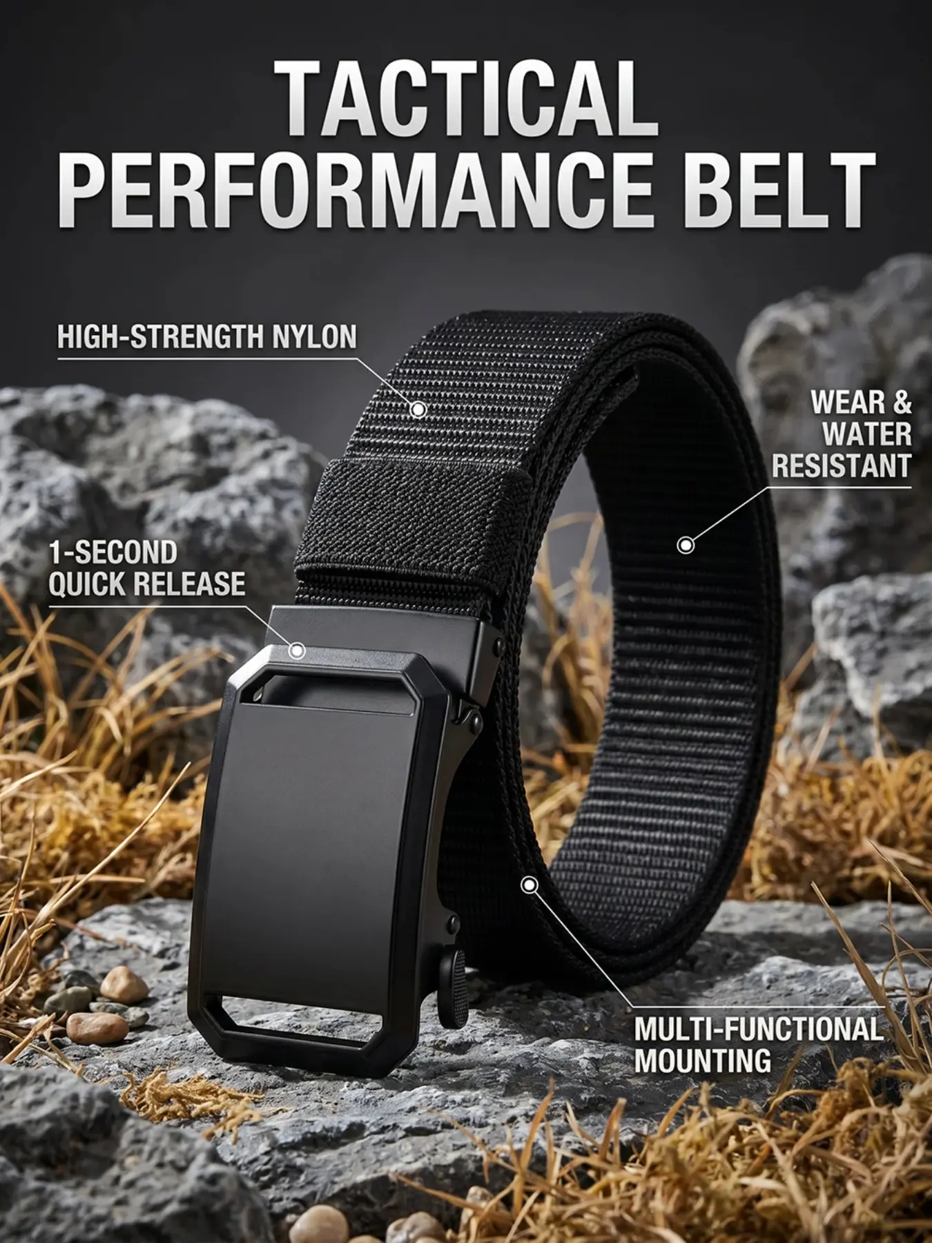 Men‘s Tactical Belt Unisex Heavy Duty Nylon 1-Second Quick Release Metal Buckle Waterproof Wear-Resistant Multi-Purpose Hooks Outdoor Training Workwear Daily Commute No-Hole Auto Lock Anti-Slip Webbing Hardcore Style Hiking Cycling Travel Gift for Him