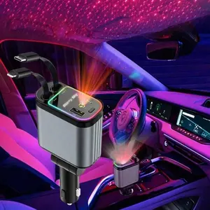 W&O Car Phone Charger with 7 Color Ambiance Light, Starry Sky Projector, 4-In-1 Fast Charging, Dual Ports, Compatible with Multiple Devices