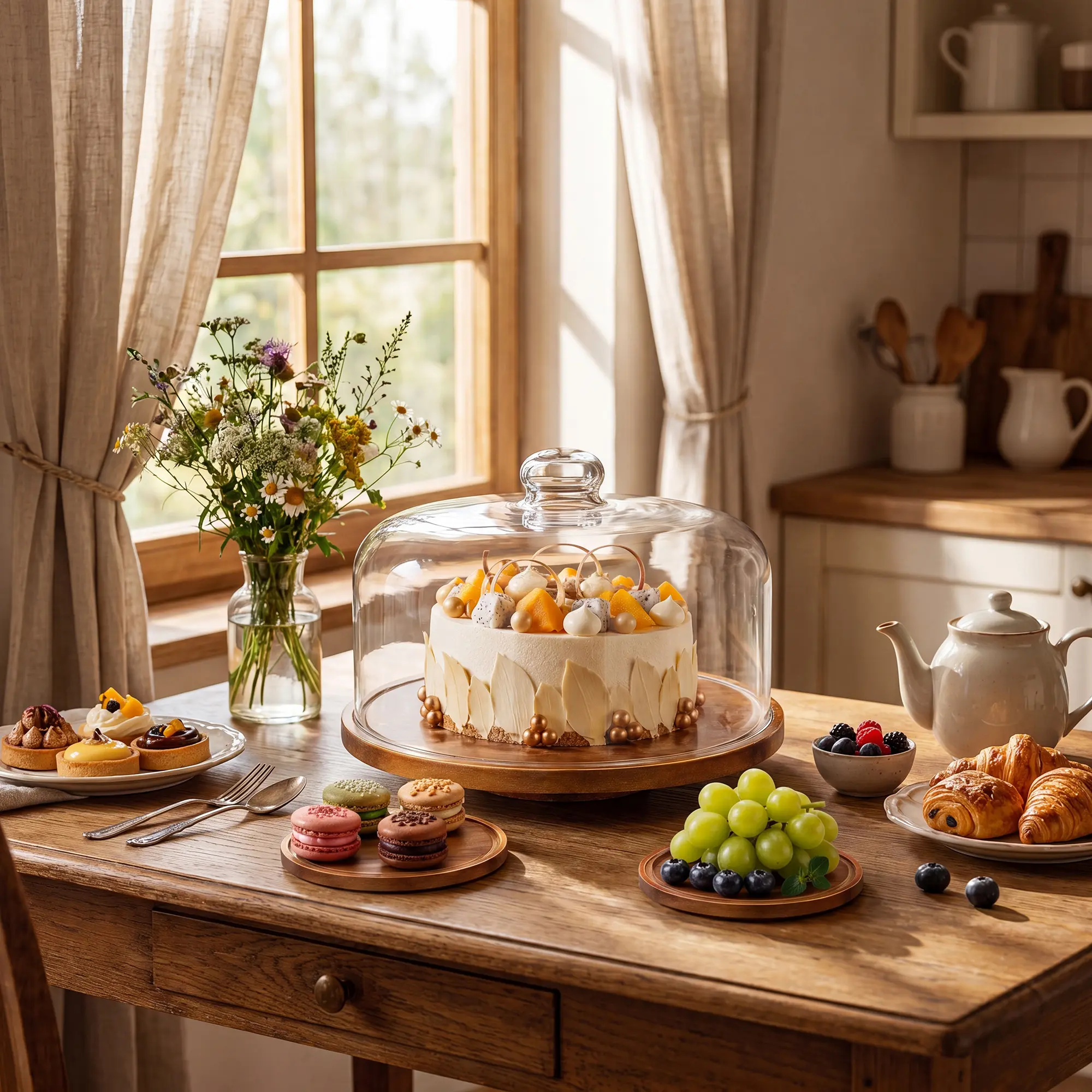 11 Inch Acacia Wood Cake Stand with Glass Dome, Round Wooden Cake Display Platter with Clear Glass Cover, Multifunctional Glass Cake Stand with Dome for 8/10 Inch Cakes, Cupcakes, Dessert & Pastry Serving