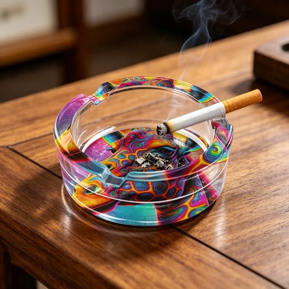 1 round glass ashtray with anti slip bottom pad, decorated with bright and psychedelic giraffe patterns, is an ideal choice for homes, offices, and terraces - a fashionable and practical ashtray for art enthusiasts and decoration enthusiasts