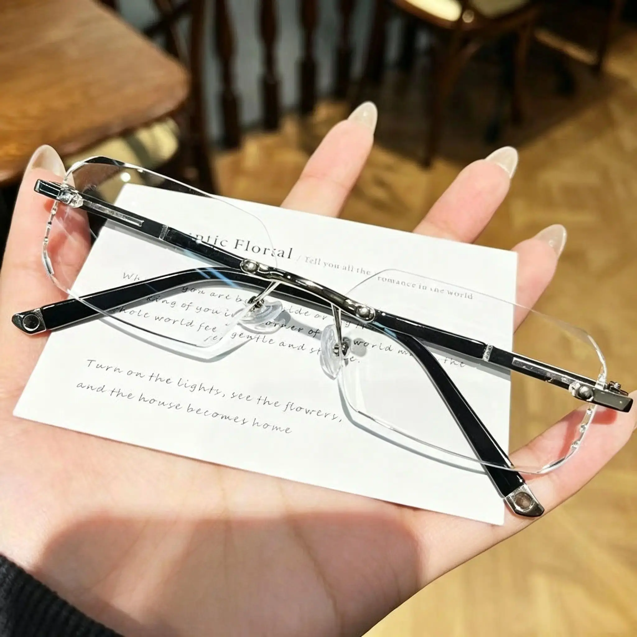 Rimless Cut-Edge Polygon Eyeglasses for Men Women, Ultra Light Black Metal Rimless Frame Glasses, Fashion Irregular Clear Lens Anti Blue Light Eyewear, Office Computer Daily Decor Glasses