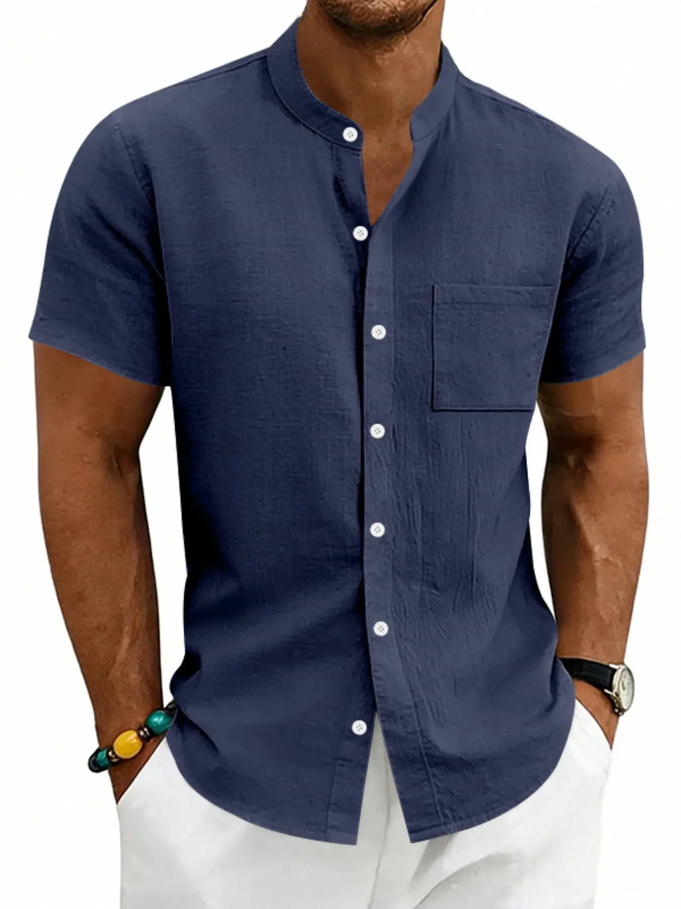 Men's Loose Fit Summer Linen Plain Shirt, Solid Color Casual Beach Stand Collar Short Sleeve, Wholesale Men's Vacation Wear