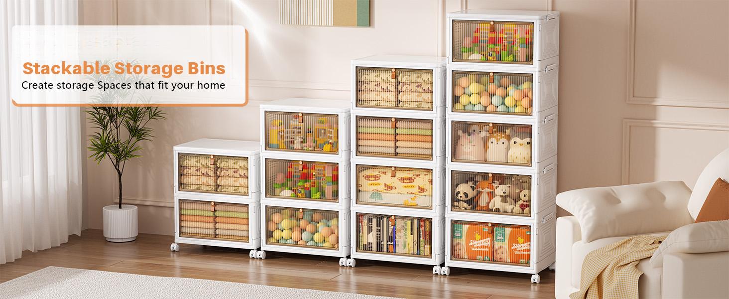 4 Tier Plastic Storage Bins with Lid 23QT, Stackable Storage Containers with Wheels, Folding Storage Boxes, Stackable Storage Bins, Organizers and Storage for Living Room,Office,Dorm