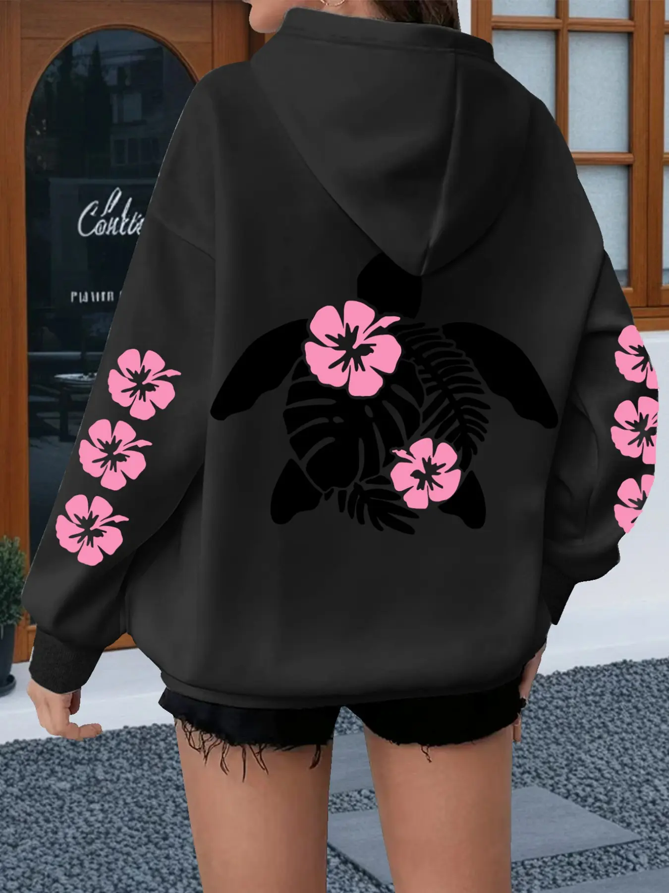 Women's Hooded Sweatshirt, Cherry Blossom Turtle, Fashionable Streetwear, Casual Retro Style, Perfect for Holidays and Campus Life