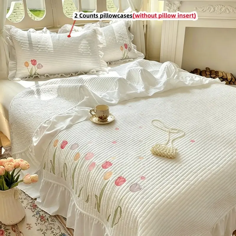 3pcs Embroidered Tulip Bedspread Set, Includes 1 bedspread + 2 Pillowcases,bedsheet, Bedroom Decor, No pillow insert, Elegant Home Accessories