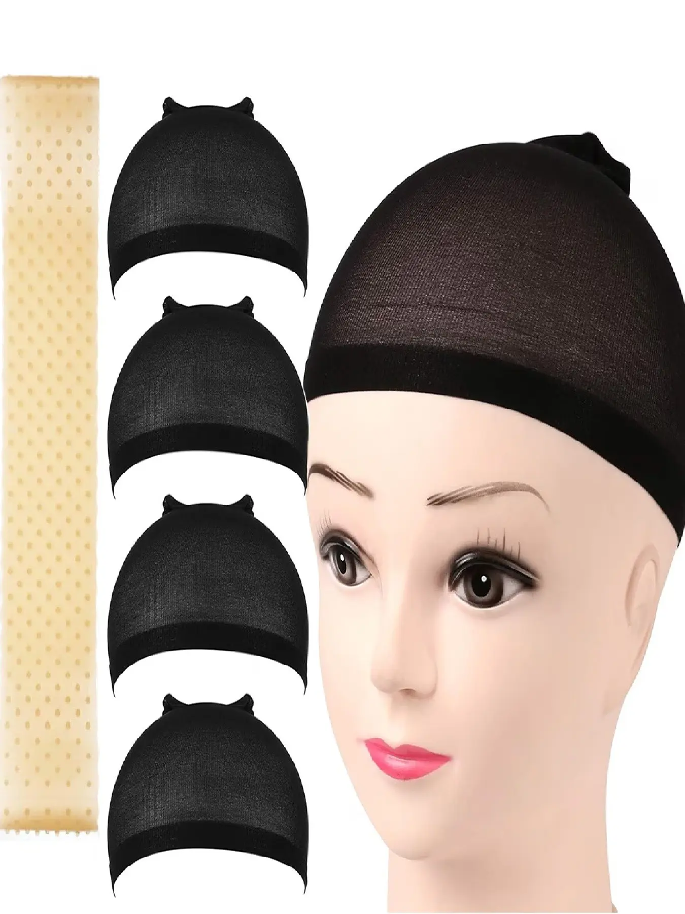 2 packs (4 pieces) of black non-slip wig caps + 1 flesh-coloured silicone hairband. Wig Accessories. Non-slip. Suitable for yoga, everyday wear, role-play and many other occasions.