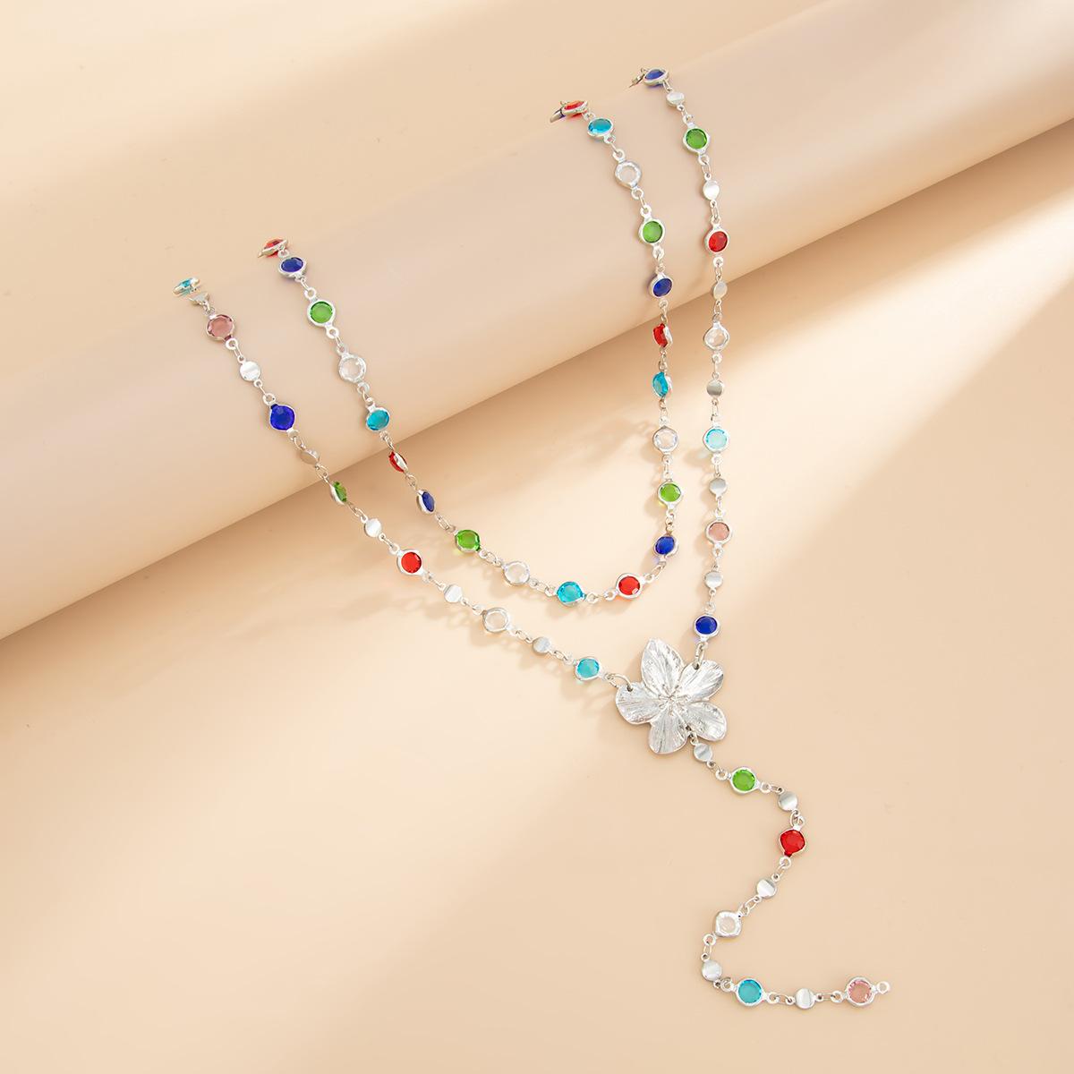 Creative Colorful Y-Shaped Multi-Layer Crystal Necklace – Sweet Style Metal Flower Choker