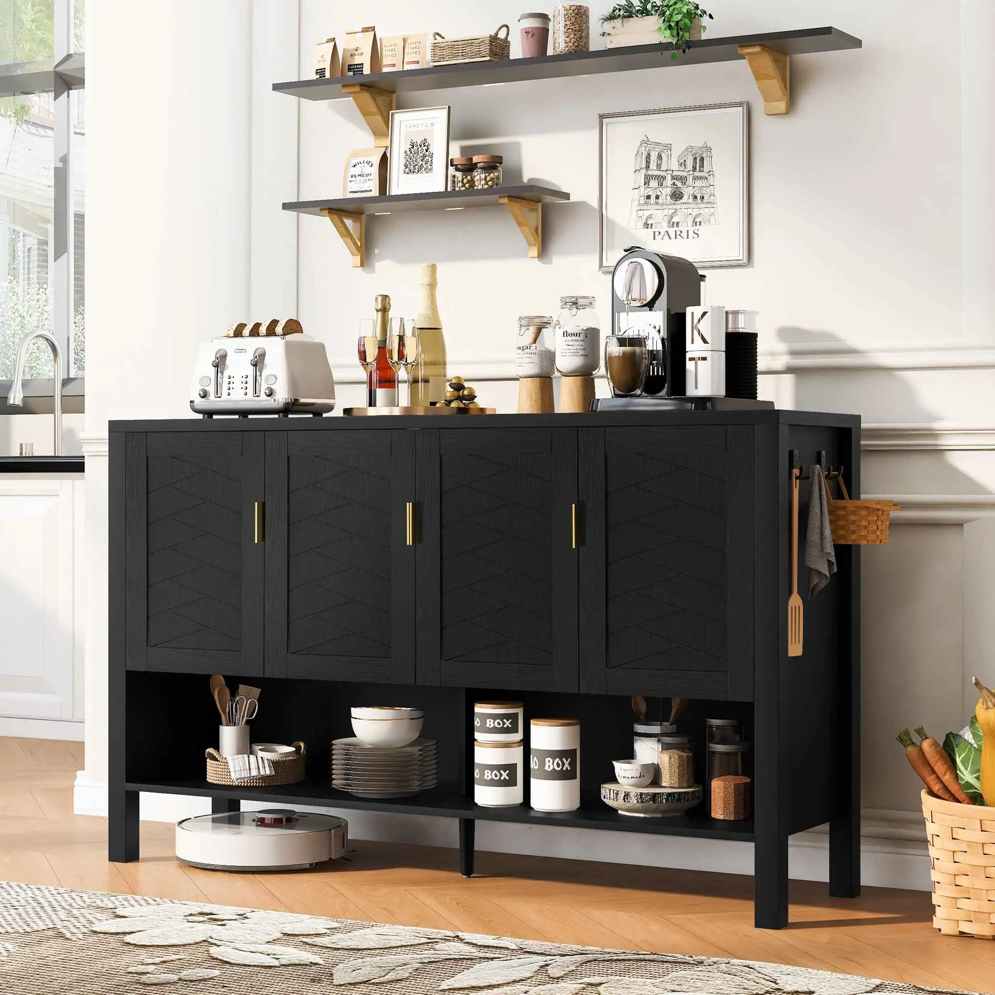 U_STYLE 55.1''Storage Sideboard with 4-Doors,Multi Functional Buffet with Open Shelf and 2-Tiers Adjustable Shelves,Modern Cabinet with Double Hooks,Suitable for Living Room, Hallway, Dining,Office.
