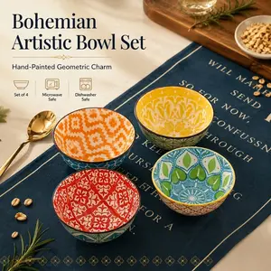 Set of 4 Bohemian Hand-Painted Ceramic Bowls - Microwave & Dishwasher Safe, Artistic Geometric Charm Design for Dining & Decor