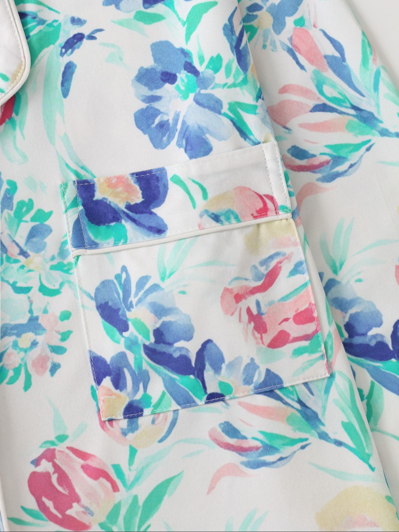 Women's All Over Floral Print Button Front Pocket Shirt & Elastic Waist Pants Pyjama Set, Casual Comfy Two-piece Pj Set, Ladies Sleepwear for All Seasons Pajama Set