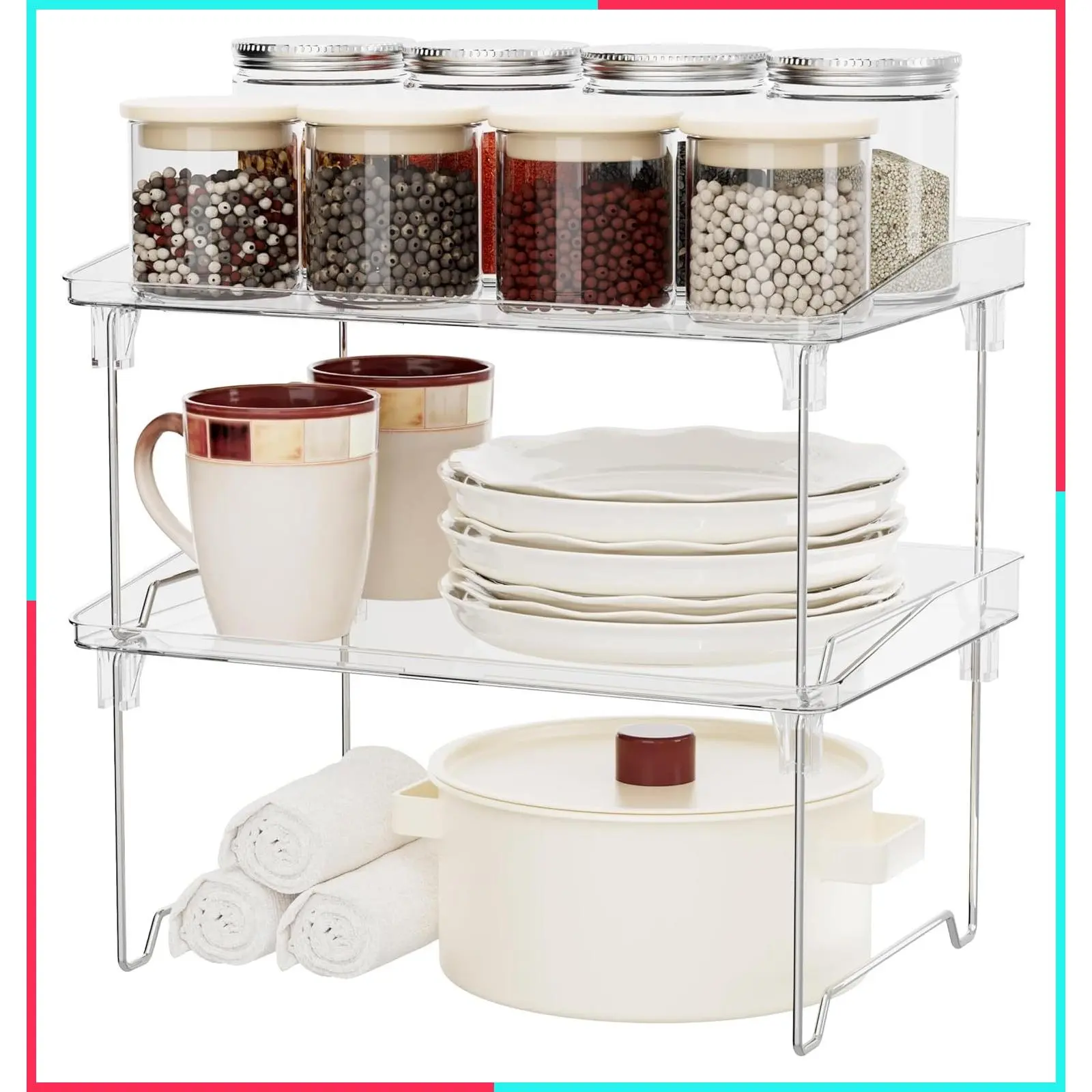2 Pack Stackable Cabinet Organizer Shelf, Clear Plastic Countertop Storage Racks for Spice, Makeup, Bathroom, Cupboard, Desk, Pantry Organization
