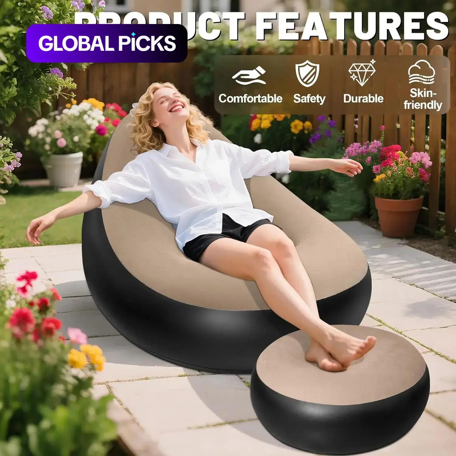 💨Inflatable Lounge Chair for Adults, ✨Folding Portable Lazy Sofa🌟 with Foot Stool Lazy Flocking Recliner Chair Air Couch Sofa 😌for Indoor Outdoor Travel Camping,🏊‍♂️Camping Picnic Beach Chaise Lounges,Comfortable Seat for Relaxing at Home or Office🎉