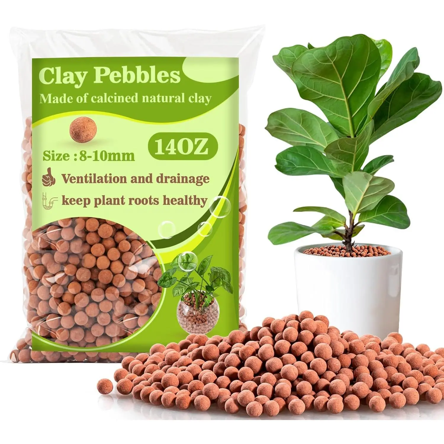Fired Clay Balls - 8-10mm Round Shape Drainage Rocks, 14 OZ Moisture Control Gardening Essentials for Indoor Pots, Hydroponics, Decoration, Waterproof