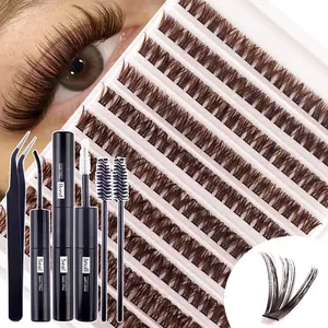 200PCS D Curl Brown DIY Lash Clusters Kit, 60D 8-16mm Mixed Length 0.07mm Thin Band Individual Eyelash Extensions, with Glue Tweezers & 2 Brushes, Soft Natural Beginner Friendly Portable for Daily Party Cosplay Makeup