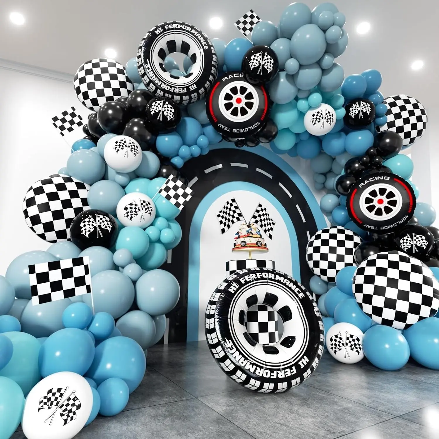 Race Car Balloon Arch Kit - 175Pcs Different Size Balloons Tire Flags Checkered Black Blue White Balloon Garland Kit for Racing Car Two Fast 2nd Theme Birthday Anniversary Party DecorationsGift