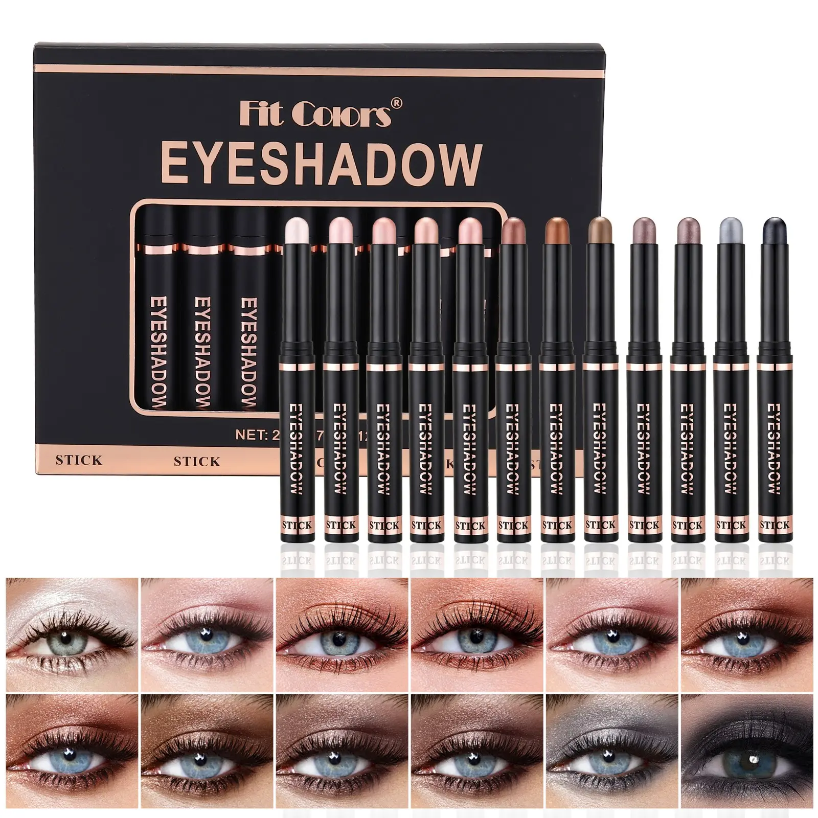 Fit Colors 12-Color Shimmer Eyeshadow Stick Set, Fine Glitter Pearly Earth Tone Highlighter, Brightening Makeup Pen for Lying Silkworm, Eye Makeup Products