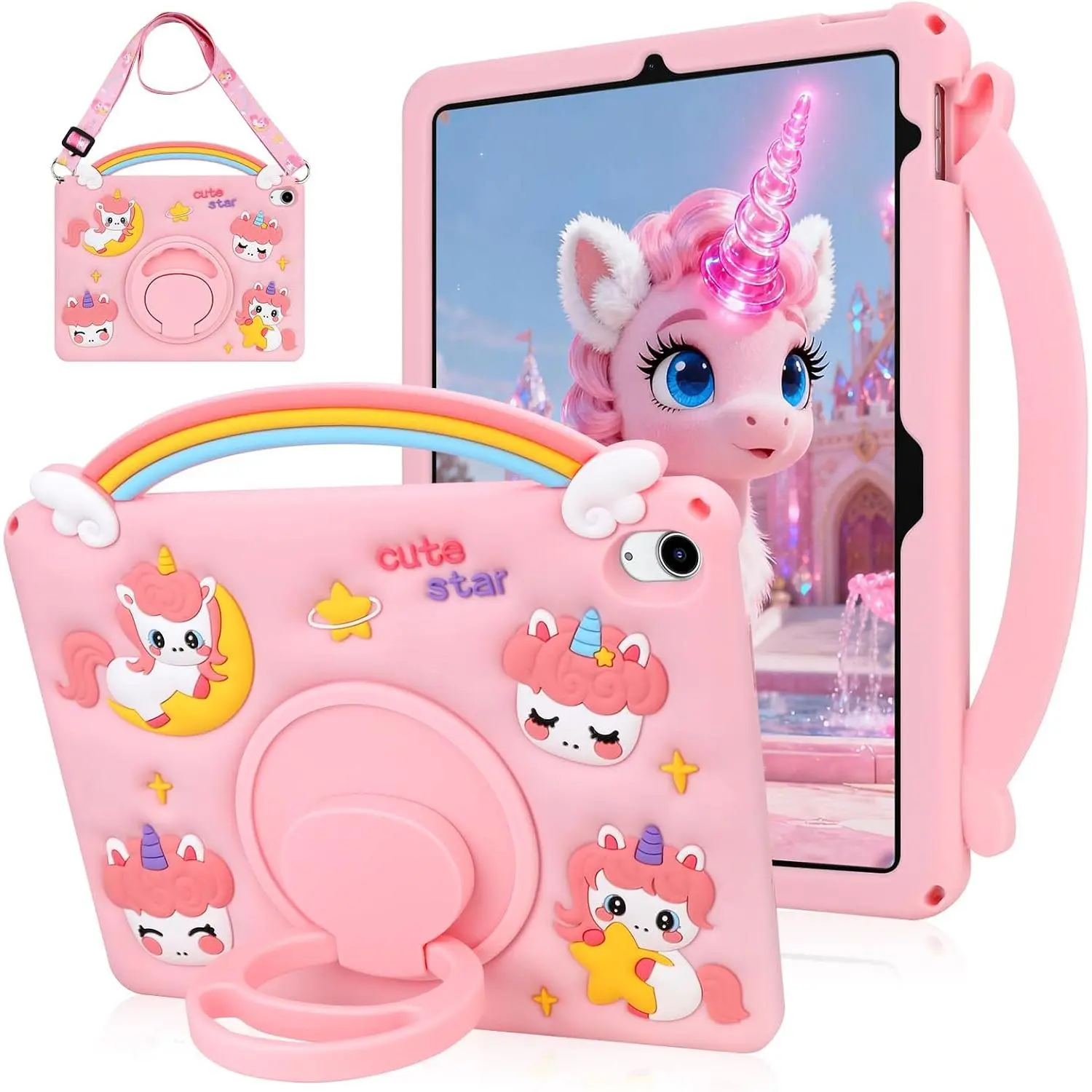 for iPad A16 Case/10th Generation Case Rainbow Unicorn iPad 11th Generation Case for  Girls Teens with Strap Rotating Stand Handle Soft  Cover for iPad 11 Inch 2025