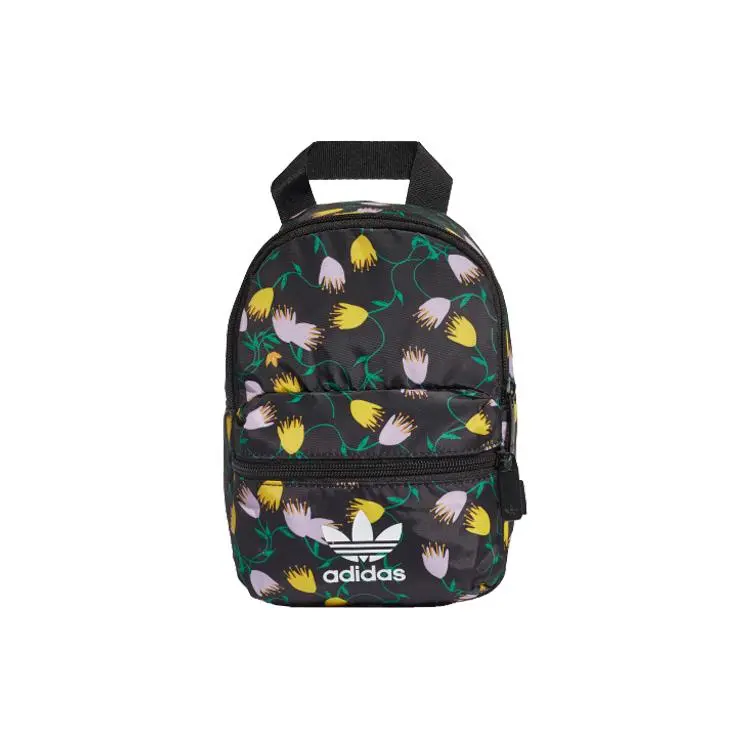 Adidas Originals Floral-Print Mini Backpack for Women – Black Polyester Zip Closure with Large Logo