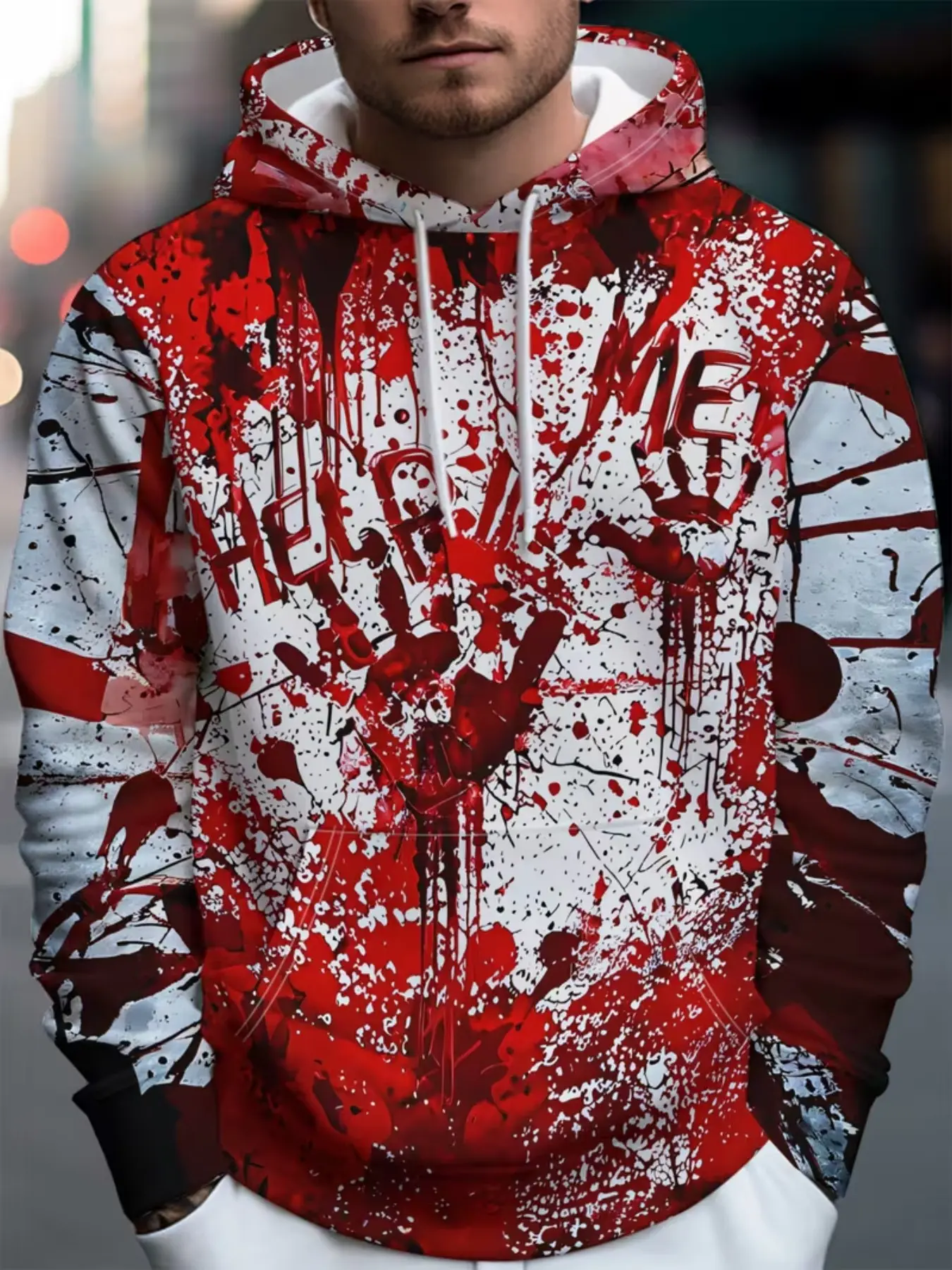 Trendy Ink Splatter Blood Print Hoodie, Halloween Vibes, Festive Unique Streetwear Men's Casual Hooded Jacket, Long Sleeve Sweatshirt