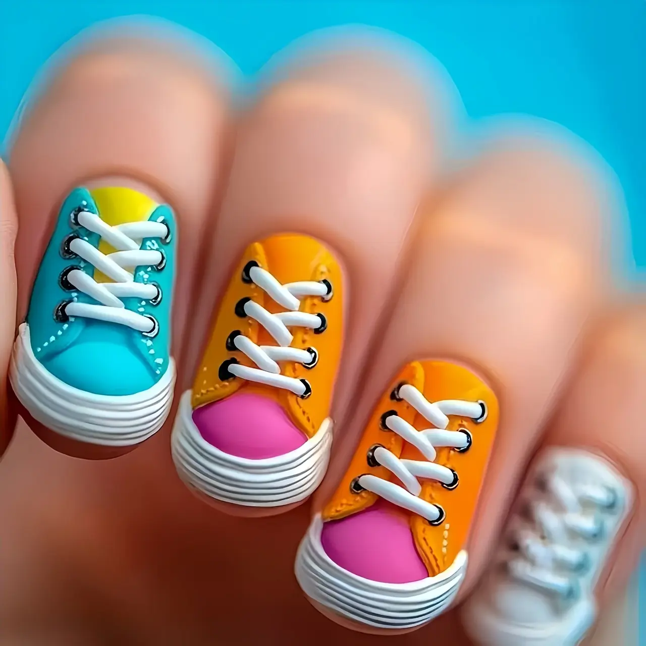 24pcs Press-On Nails |   Mixed Color System with Blue, Orange, White, and Pink, Striped Design, Ballet Shape, Glossy, Detachable, Suitable for Daily Wear